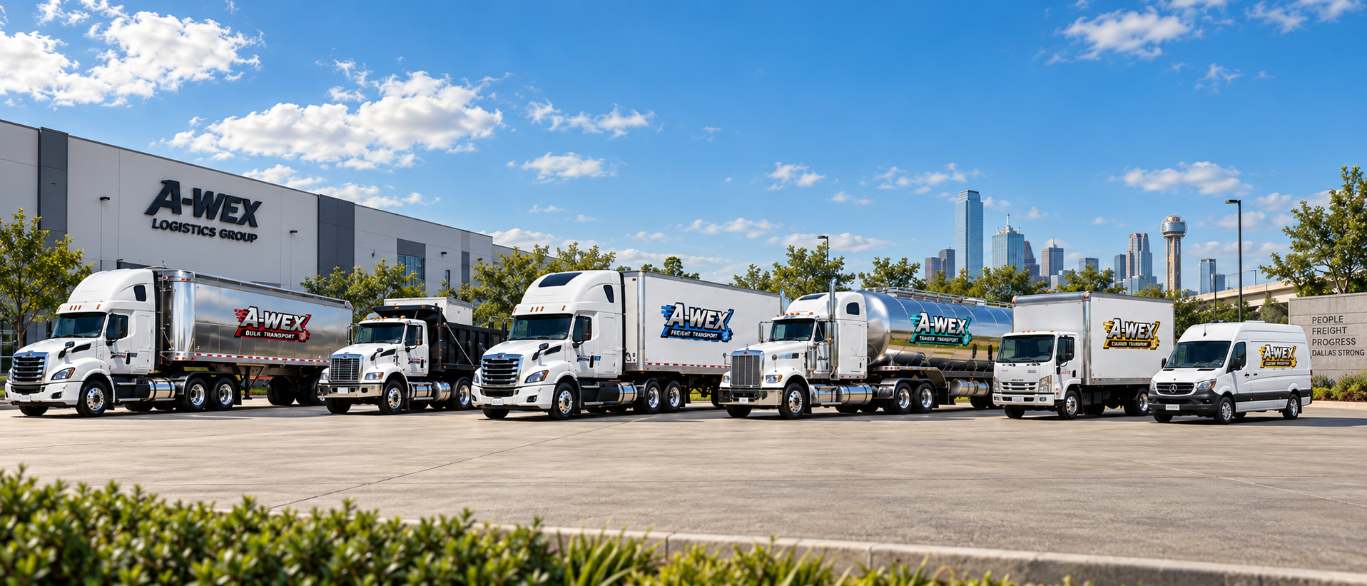 A-Wex Logistics Group fleet lineup against the Dallas skyline, representing Bulk, Freight, Tanker and Courier divisions